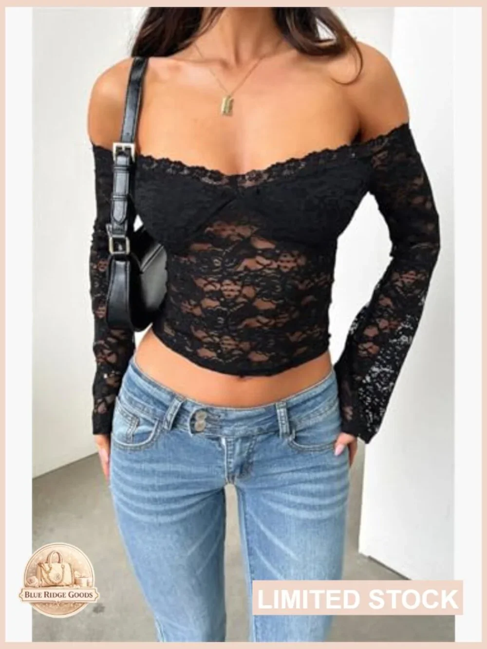 Off Shoulder Floral Lace Crop Top Long Sleeve See Through Backless Going Out - Picture 2 of 7